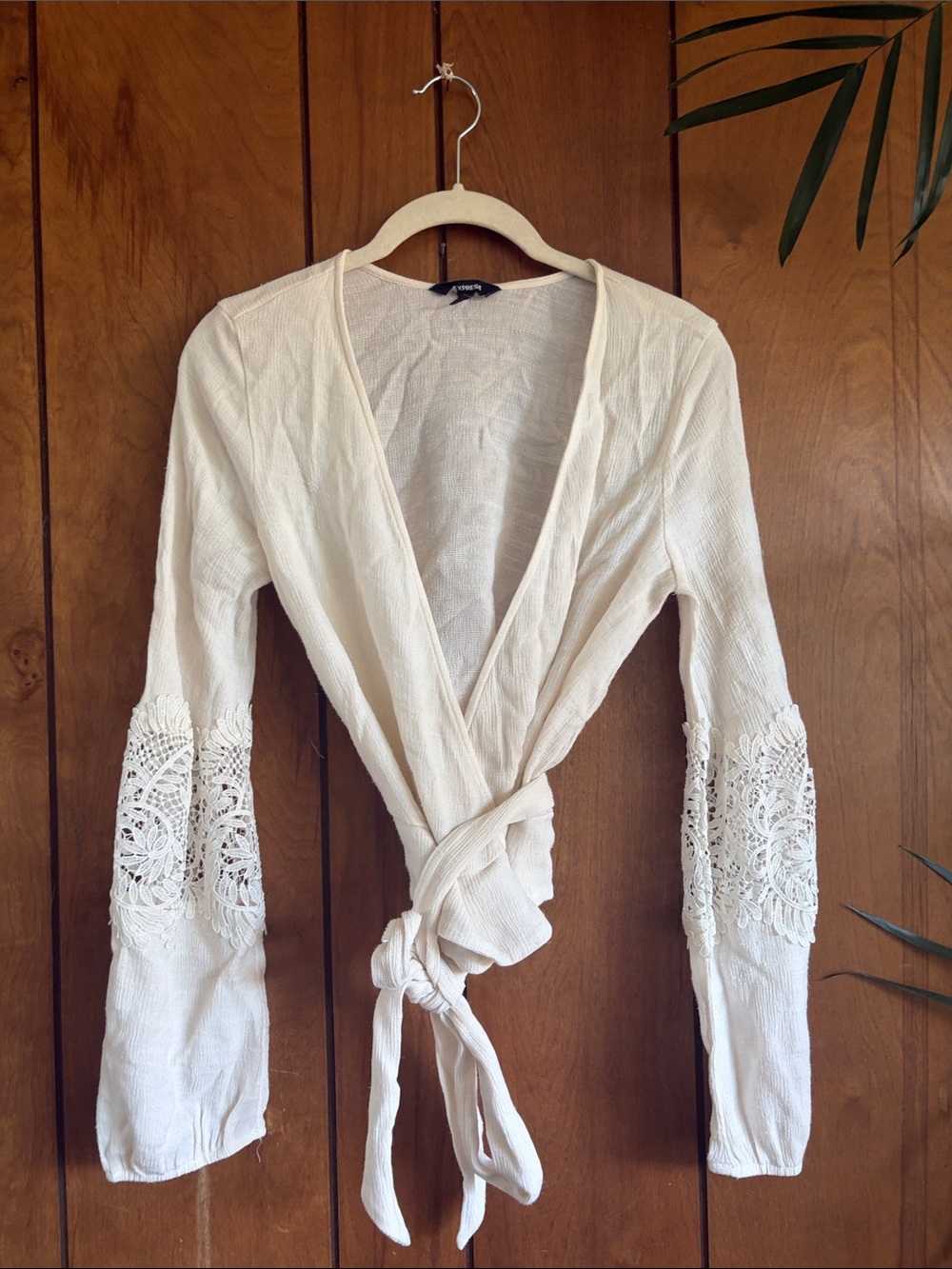 Express Cream Crochet-Sleeve Wrap Top
